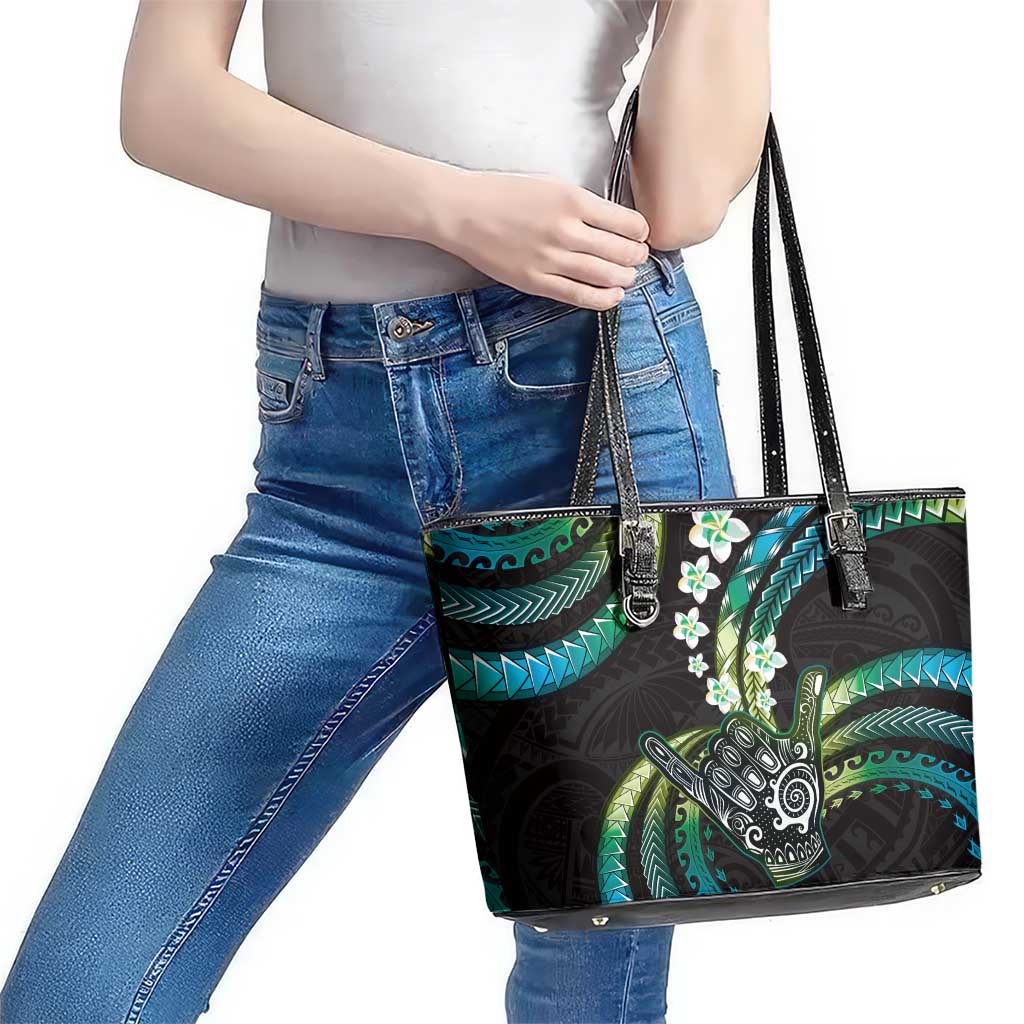 Hawaii Shaka Sign Leather Tote Bag Fantastic Frangipani Chartreuse Cyan