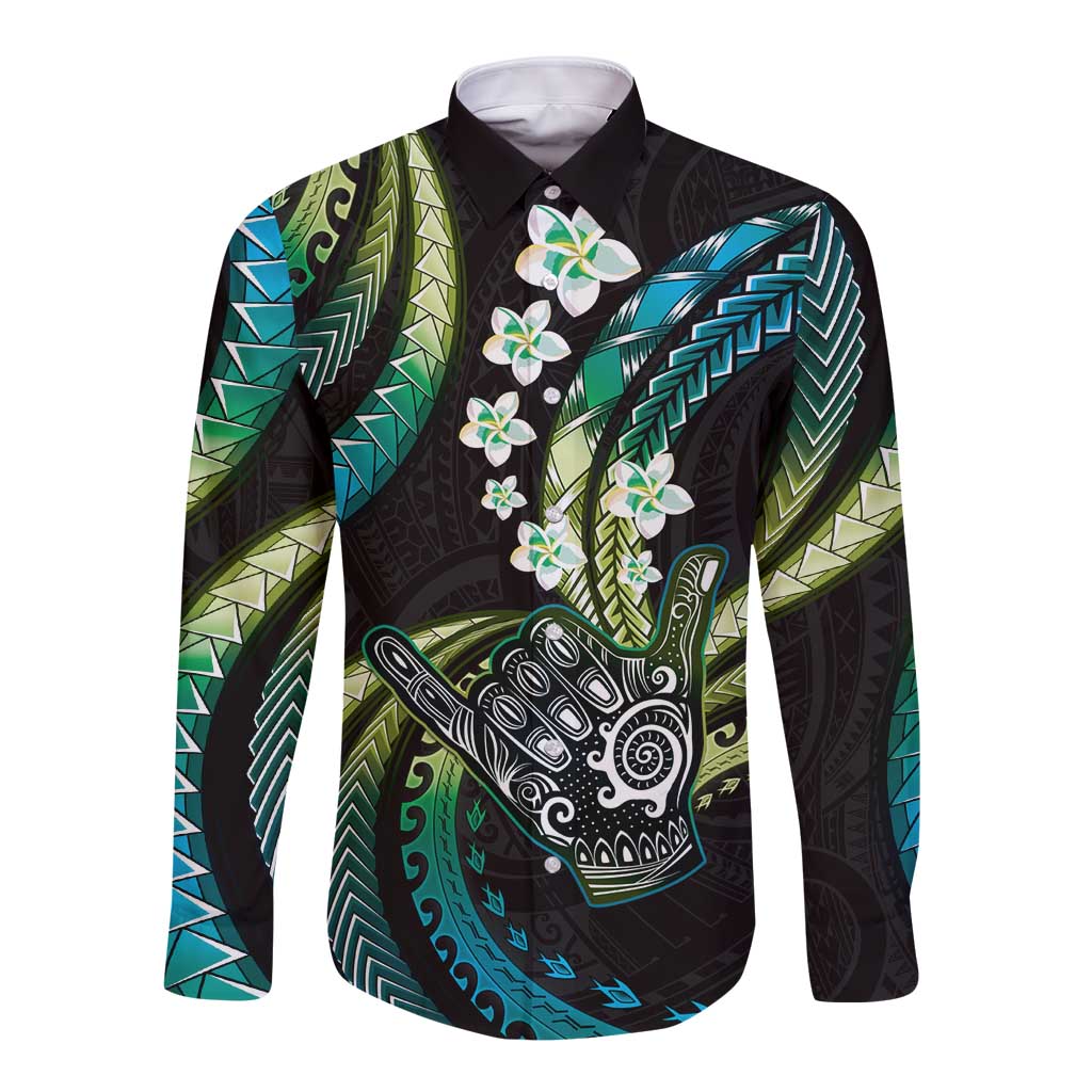 Hawaii Shaka Sign Long Sleeve Button Shirt Fantastic Frangipani Chartreuse Cyan LT01 Unisex Cyan - Polynesian Pride