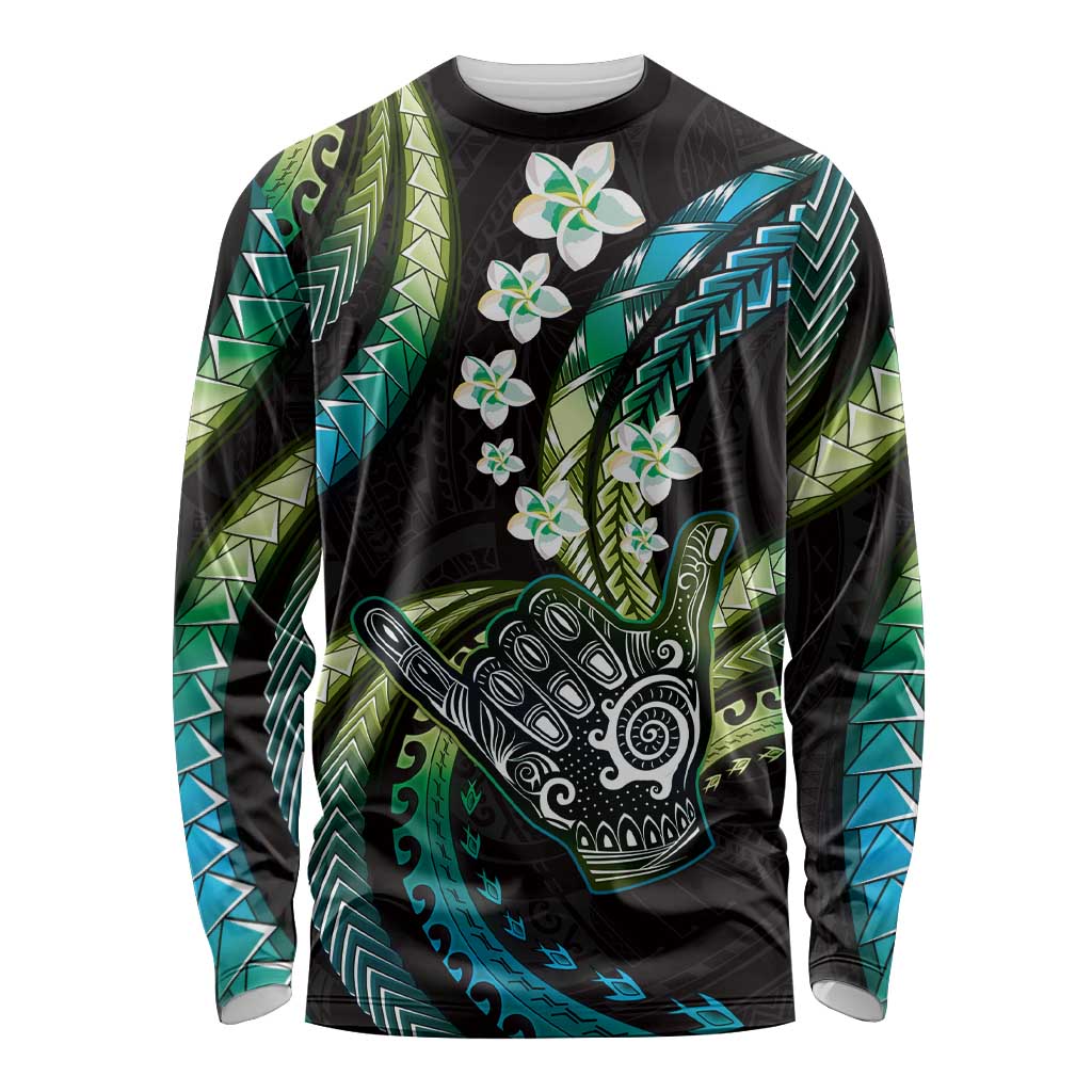 Hawaii Shaka Sign Long Sleeve Shirt Fantastic Frangipani Chartreuse Cyan LT01 Unisex Cyan - Polynesian Pride