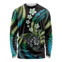 Hawaii Shaka Sign Long Sleeve Shirt Fantastic Frangipani Chartreuse Cyan LT01 Unisex Cyan - Polynesian Pride