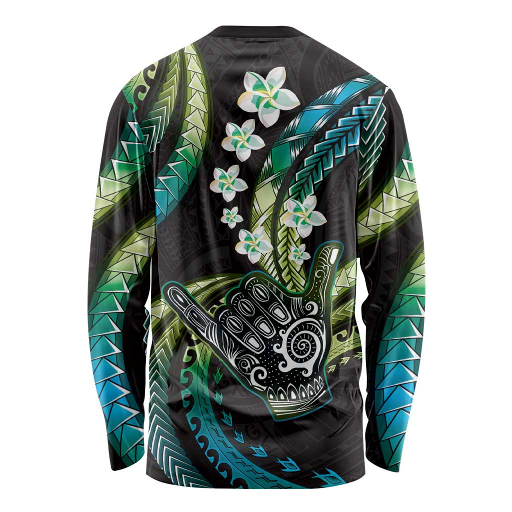 Hawaii Shaka Sign Long Sleeve Shirt Fantastic Frangipani Chartreuse Cyan LT01 - Polynesian Pride