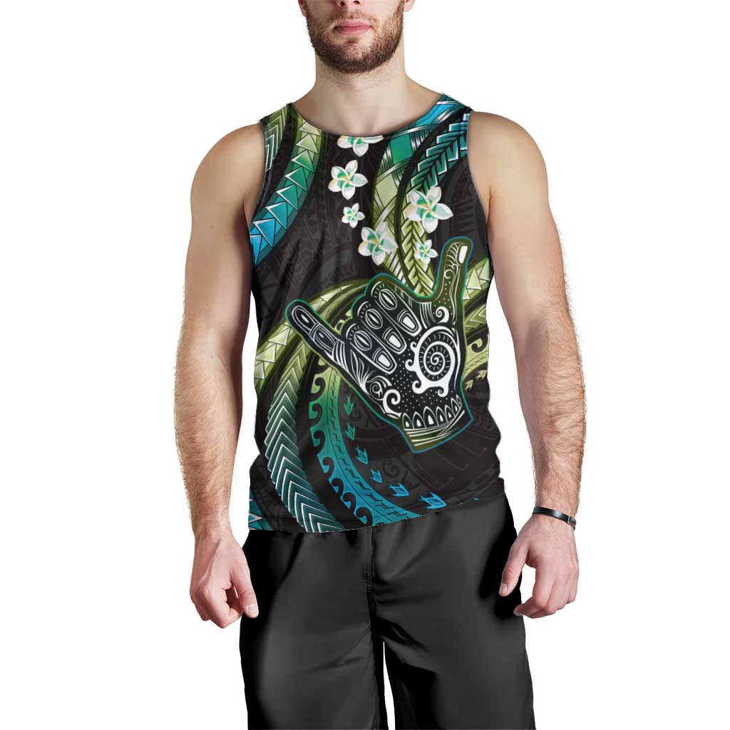 Hawaii Shaka Sign Men Tank Top Fantastic Frangipani Chartreuse Cyan LT01 - Polynesian Pride