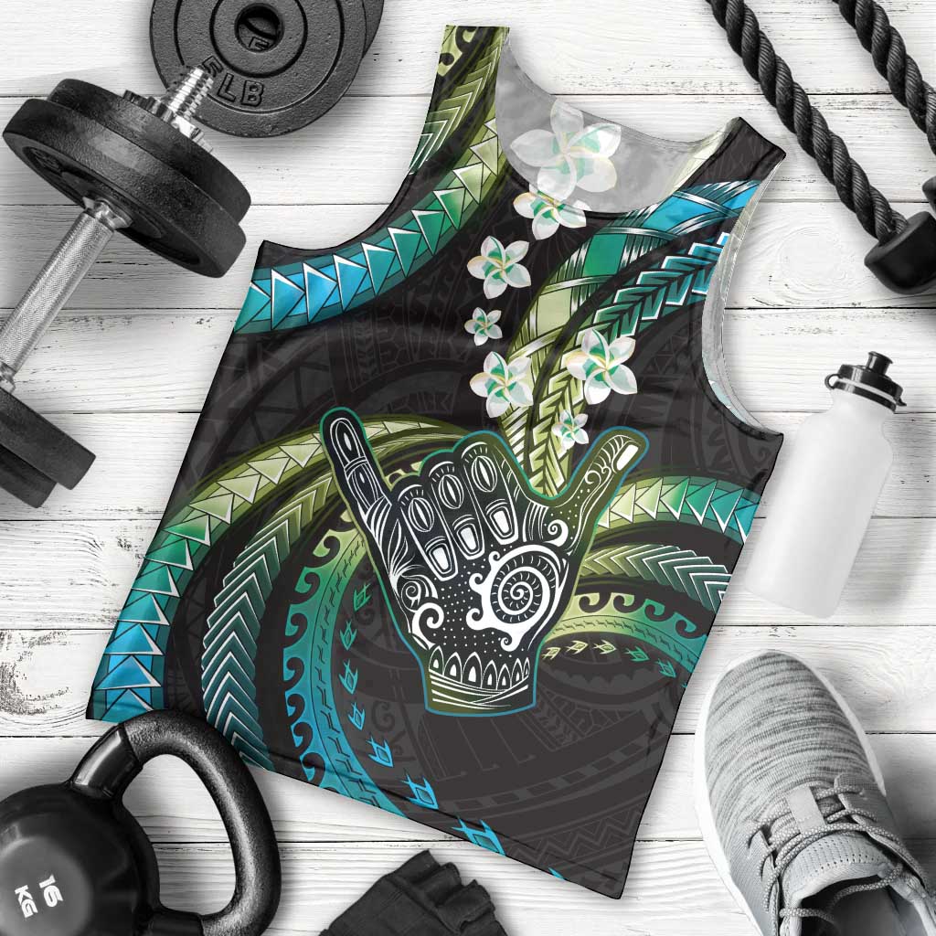 Hawaii Shaka Sign Men Tank Top Fantastic Frangipani Chartreuse Cyan LT01 - Polynesian Pride