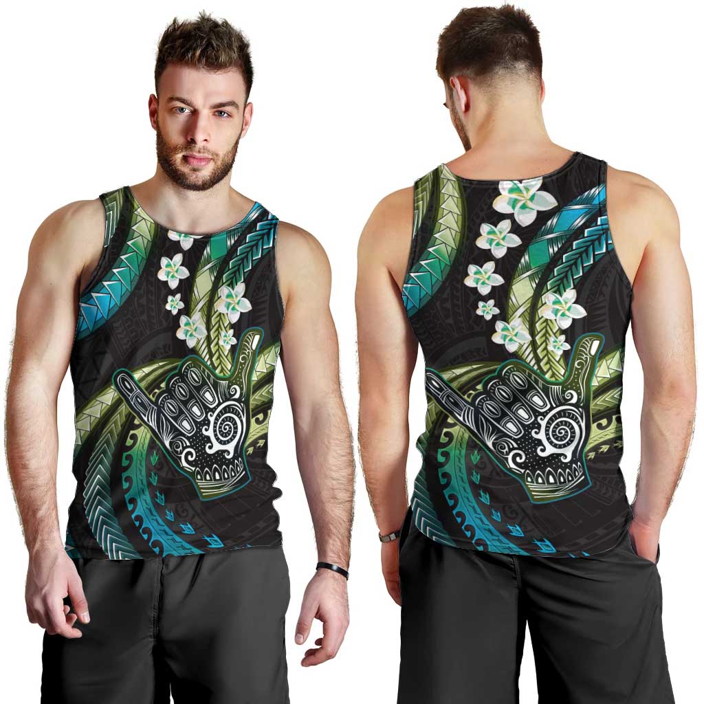 Hawaii Shaka Sign Men Tank Top Fantastic Frangipani Chartreuse Cyan LT01 - Polynesian Pride