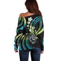 Hawaii Shaka Sign Off Shoulder Sweater Fantastic Frangipani Chartreuse Cyan