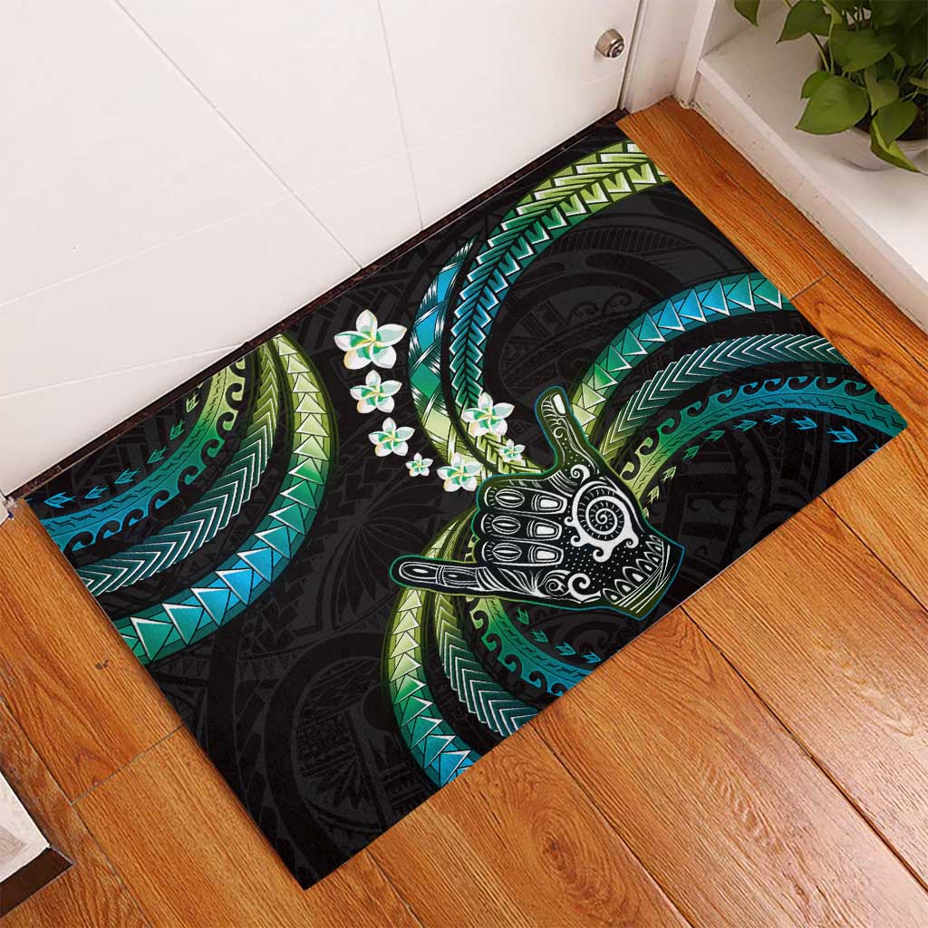 Hawaii Shaka Sign Rubber Doormat Fantastic Frangipani Chartreuse Cyan LT01 - Polynesian Pride