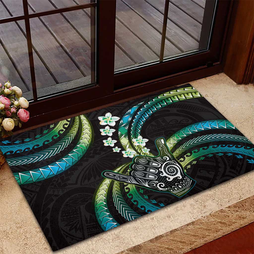 Hawaii Shaka Sign Rubber Doormat Fantastic Frangipani Chartreuse Cyan LT01 - Polynesian Pride
