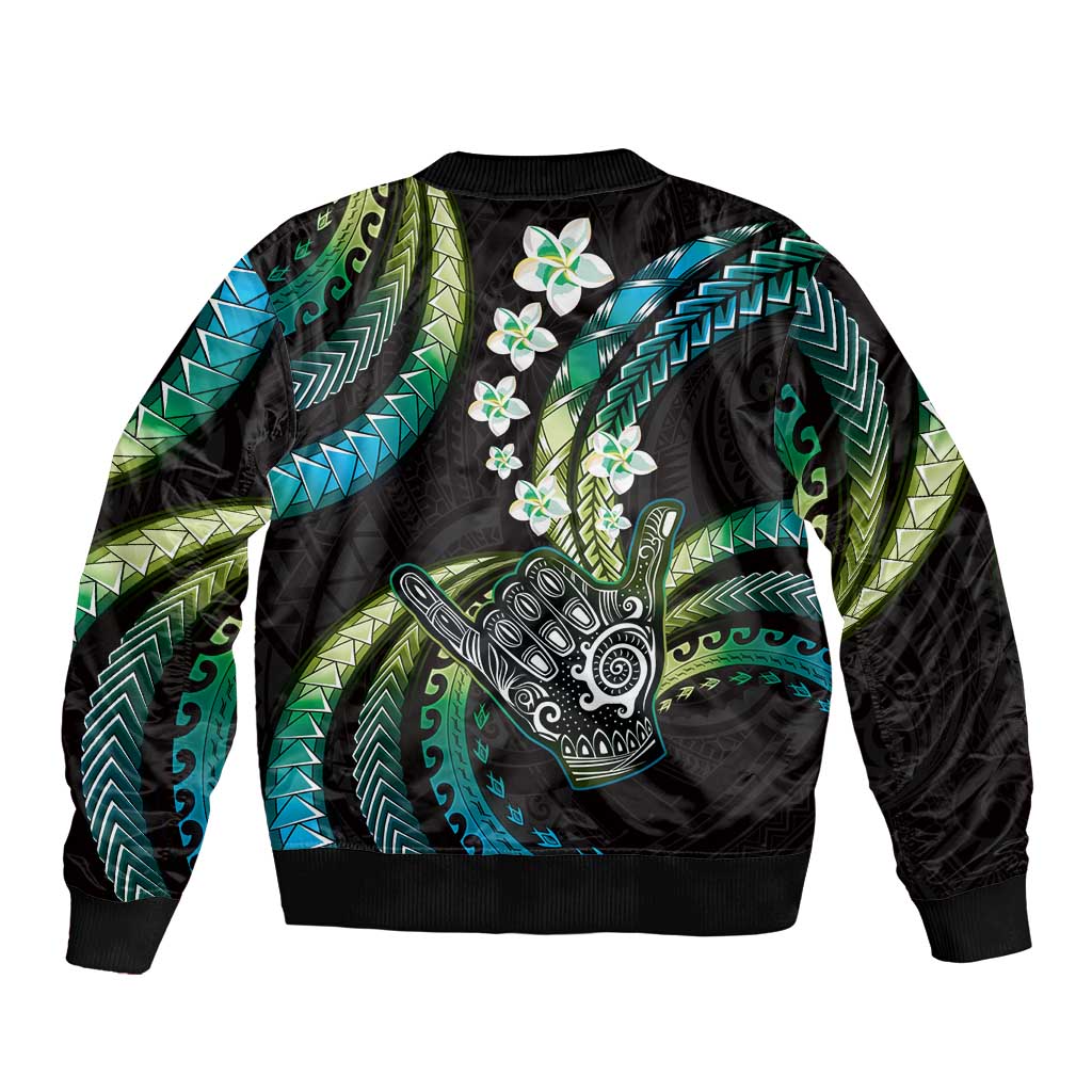 Hawaii Shaka Sign Sleeve Zip Bomber Jacket Fantastic Frangipani Chartreuse Cyan
