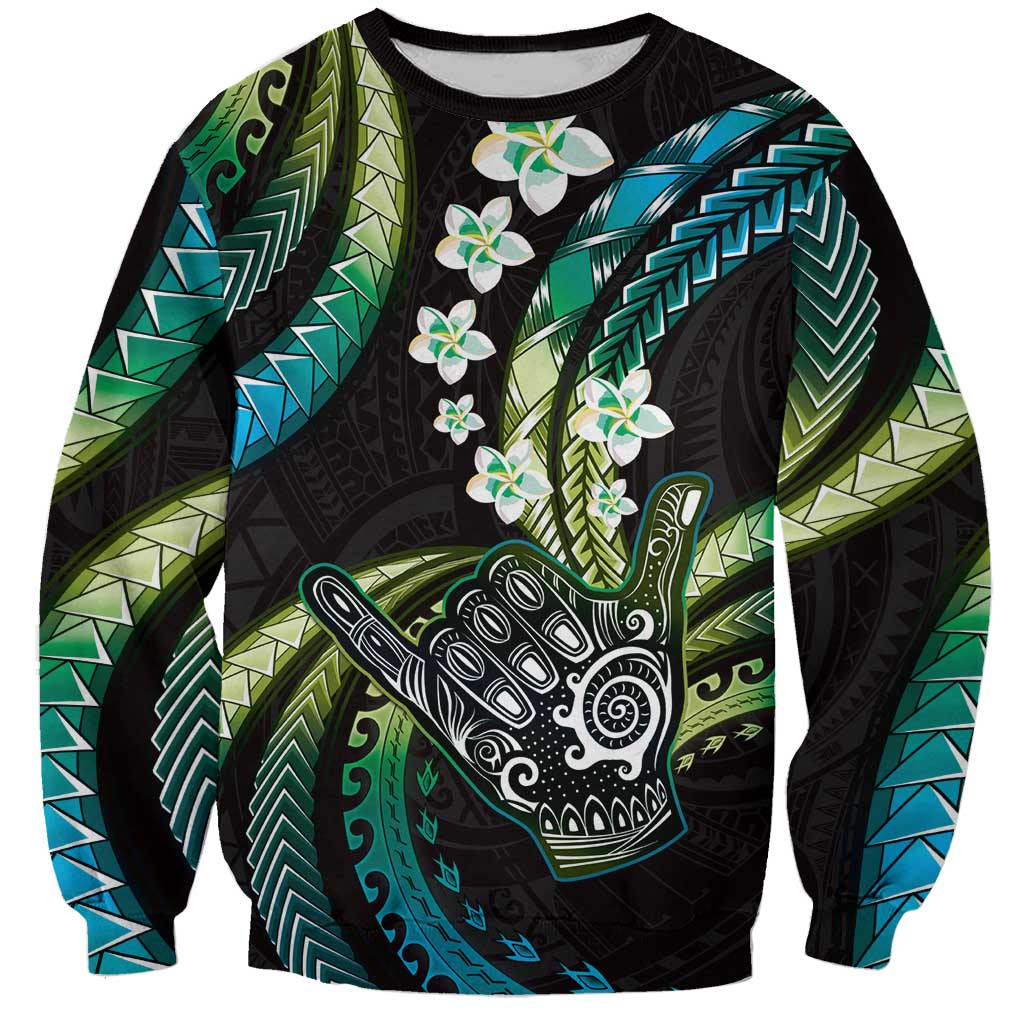 Hawaii Shaka Sign Sweatshirt Fantastic Frangipani Chartreuse Cyan LT01 Unisex Cyan - Polynesian Pride