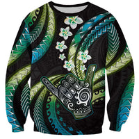 Hawaii Shaka Sign Sweatshirt Fantastic Frangipani Chartreuse Cyan LT01 Unisex Cyan - Polynesian Pride