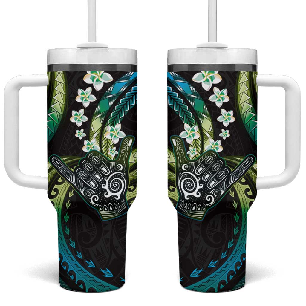 Hawaii Shaka Sign Tumbler With Handle Fantastic Frangipani Chartreuse Cyan
