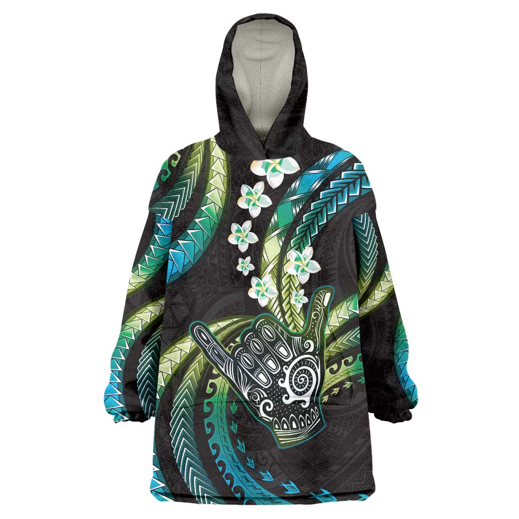 Hawaii Shaka Sign Wearable Blanket Hoodie Fantastic Frangipani Chartreuse Cyan LT01 One Size Cyan - Polynesian Pride
