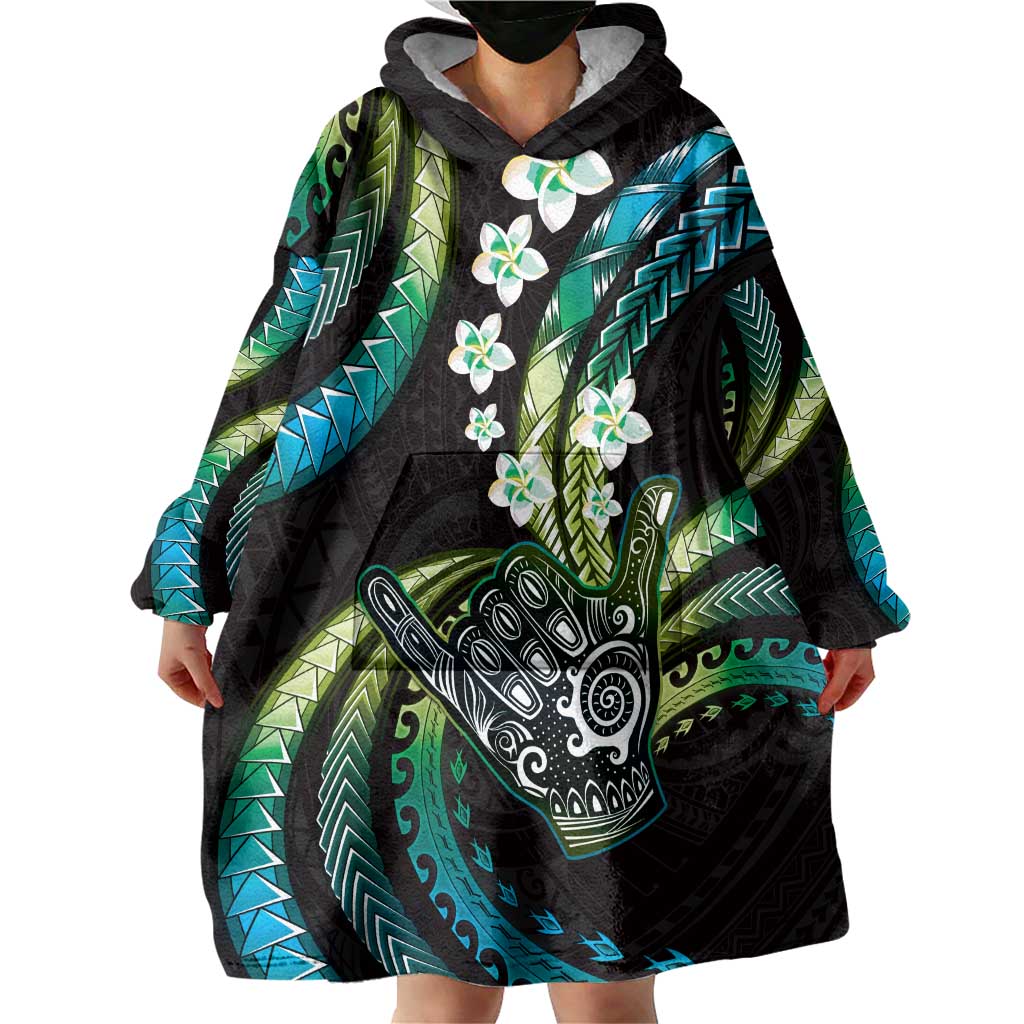 Hawaii Shaka Sign Wearable Blanket Hoodie Fantastic Frangipani Chartreuse Cyan LT01 - Polynesian Pride