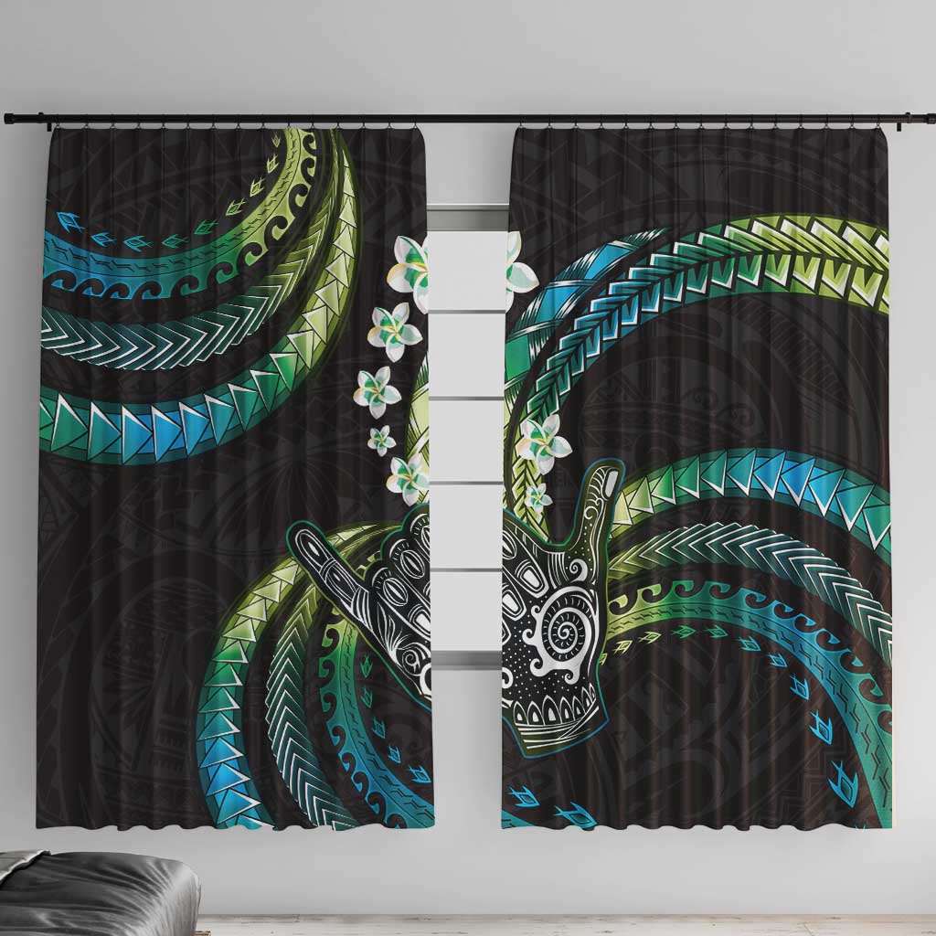 Hawaii Shaka Sign Window Curtain Fantastic Frangipani Chartreuse Cyan LT01 With Hooks Cyan - Polynesian Pride
