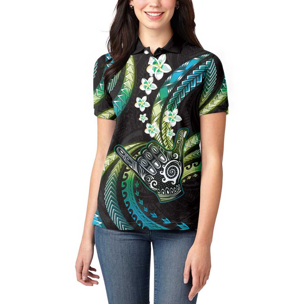 Hawaii Shaka Sign Women Polo Shirt Fantastic Frangipani Chartreuse Cyan