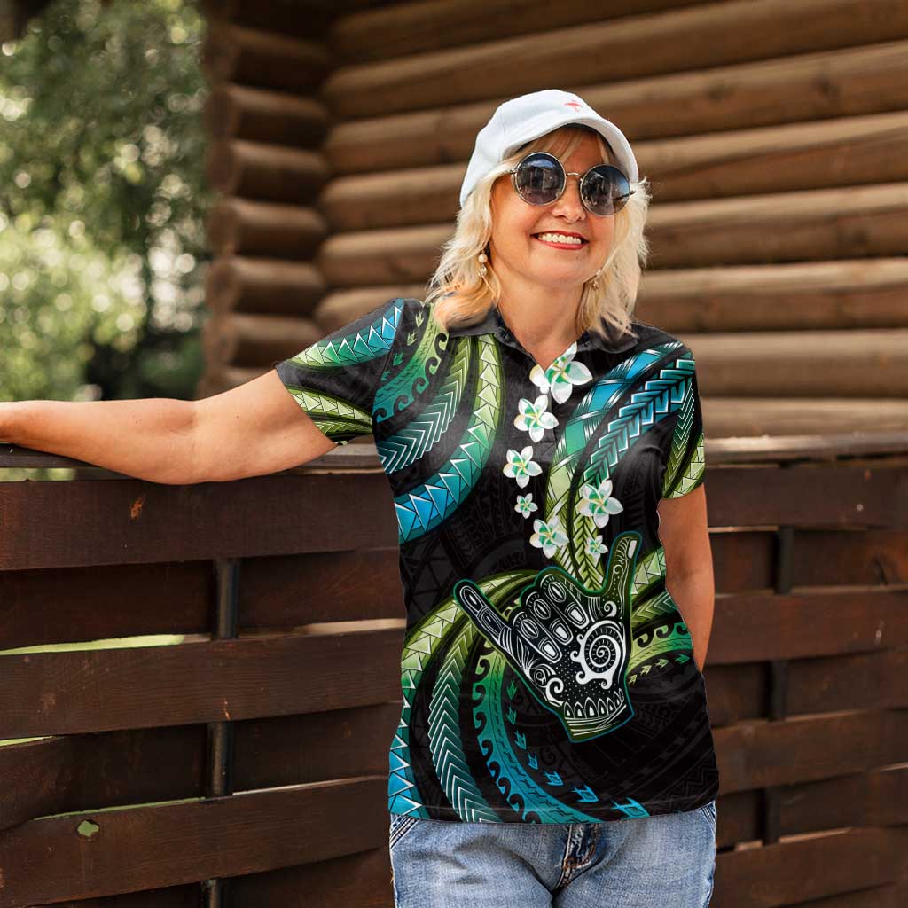 Hawaii Shaka Sign Women Polo Shirt Fantastic Frangipani Chartreuse Cyan