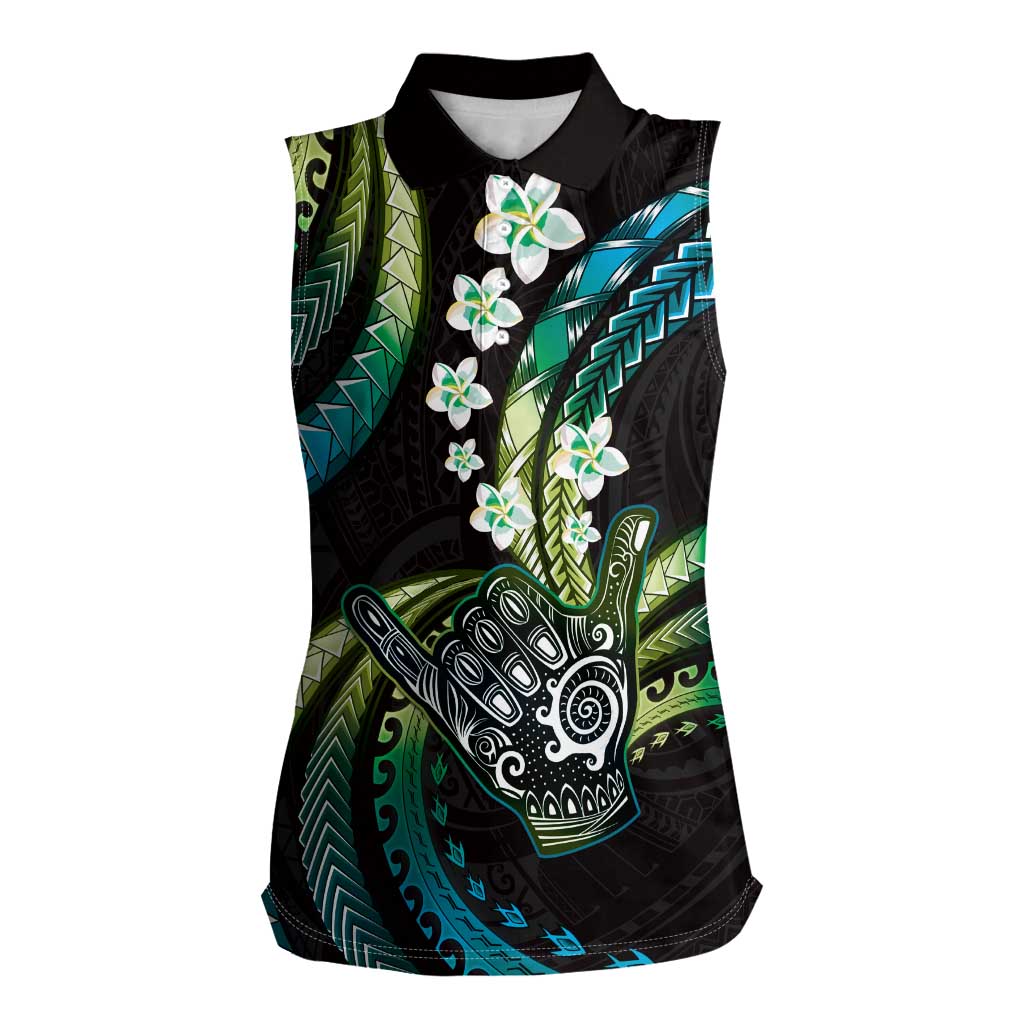 Hawaii Shaka Sign Women Sleeveless Polo Shirt Fantastic Frangipani Chartreuse Cyan
