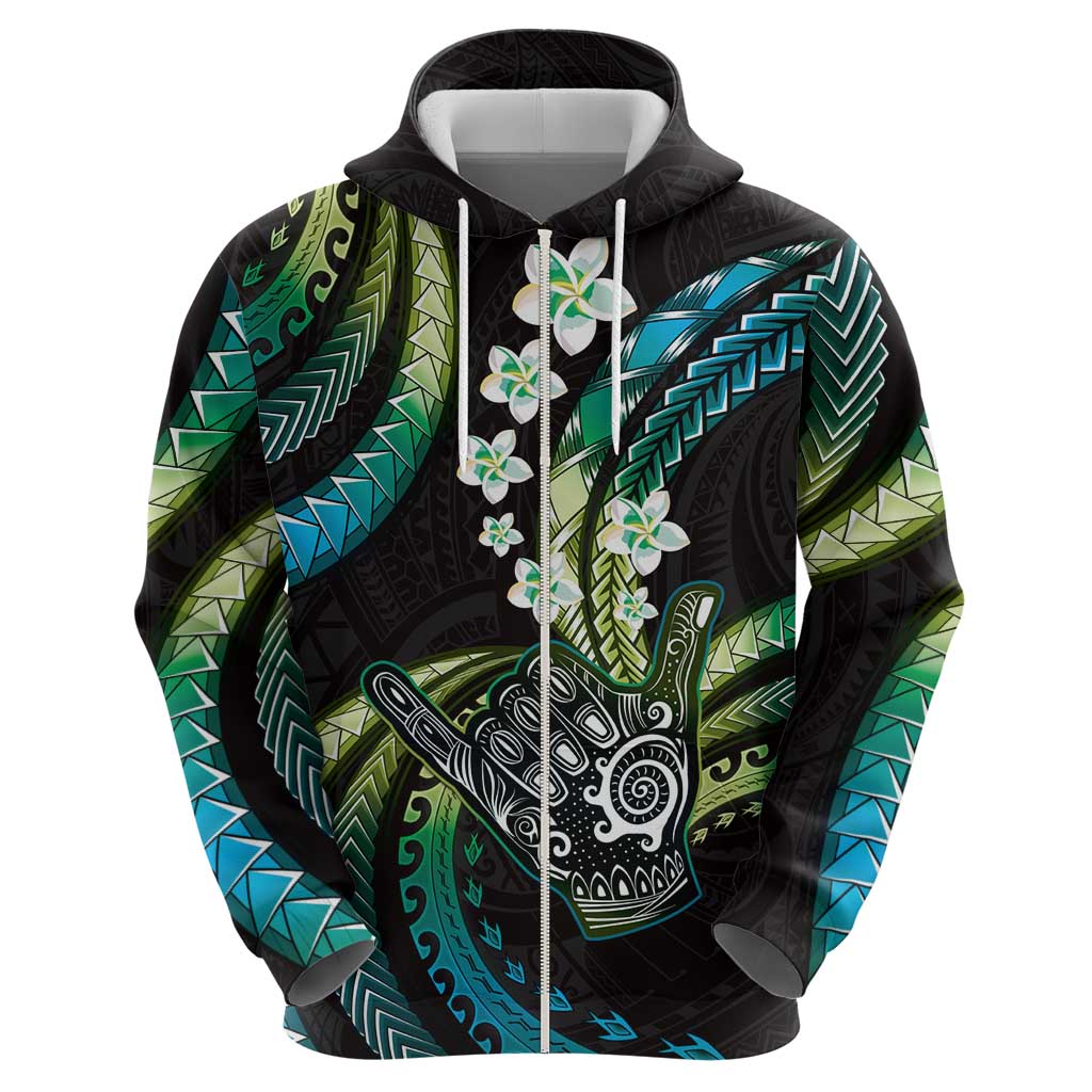Hawaii Shaka Sign Zip Hoodie Fantastic Frangipani Chartreuse Cyan