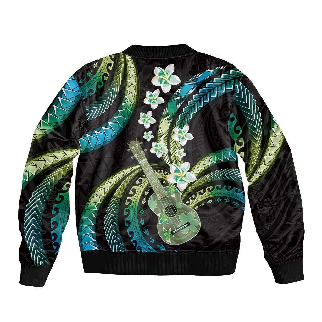 Hawaiian Ukulele Bomber Jacket Chartreuse Cyan Fantastic Plumeria