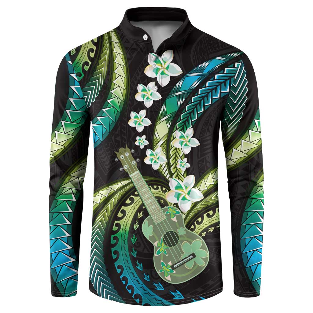 Hawaiian Ukulele Button Sweatshirt Chartreuse Cyan Fantastic Plumeria