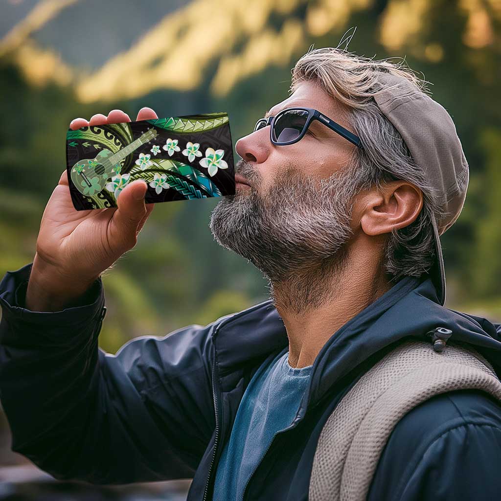 Hawaiian Ukulele 4 in 1 Can Cooler Tumbler Chartreuse Cyan Fantastic Plumeria