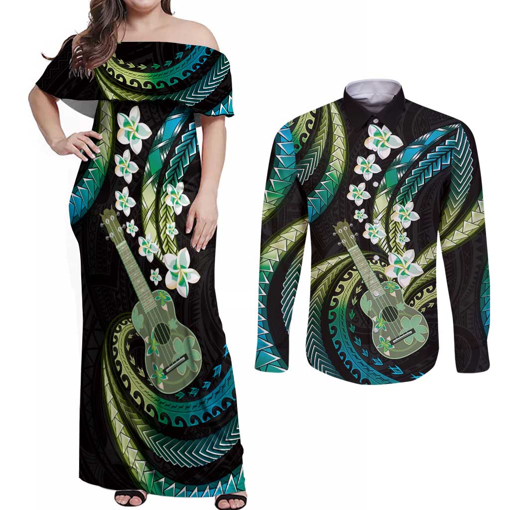 Hawaiian Ukulele Couples Matching Off Shoulder Maxi Dress and Long Sleeve Button Shirt Chartreuse Cyan Fantastic Plumeria