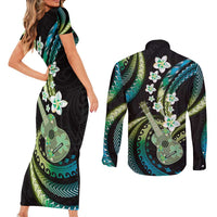 Hawaiian Ukulele Couples Matching Short Sleeve Bodycon Dress and Long Sleeve Button Shirt Chartreuse Cyan Fantastic Plumeria