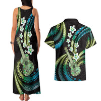 Hawaiian Ukulele Couples Matching Tank Maxi Dress and Hawaiian Shirt Chartreuse Cyan Fantastic Plumeria