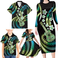 Hawaiian Ukulele Family Matching Long Sleeve Bodycon Dress and Hawaiian Shirt Chartreuse Cyan Fantastic Plumeria