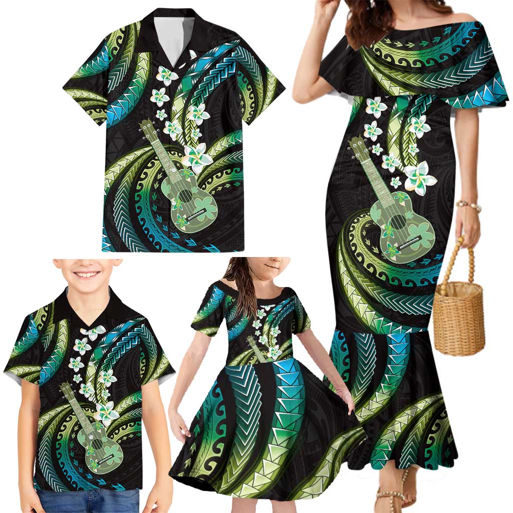 Hawaiian Ukulele Family Matching Mermaid Dress and Hawaiian Shirt Chartreuse Cyan Fantastic Plumeria