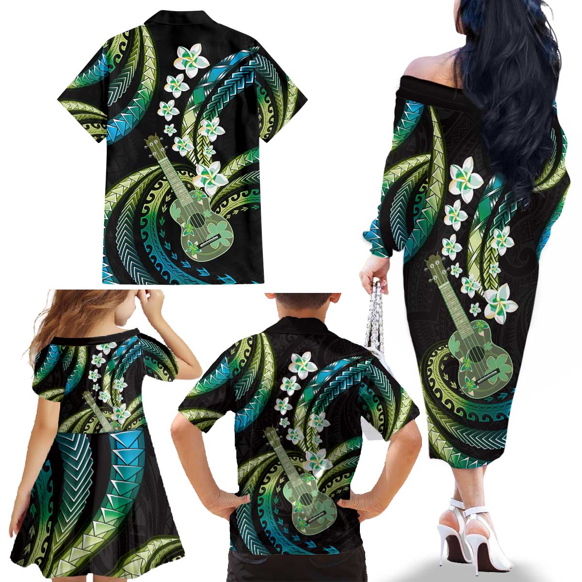 Hawaiian Ukulele Family Matching Off The Shoulder Long Sleeve Dress and Hawaiian Shirt Chartreuse Cyan Fantastic Plumeria