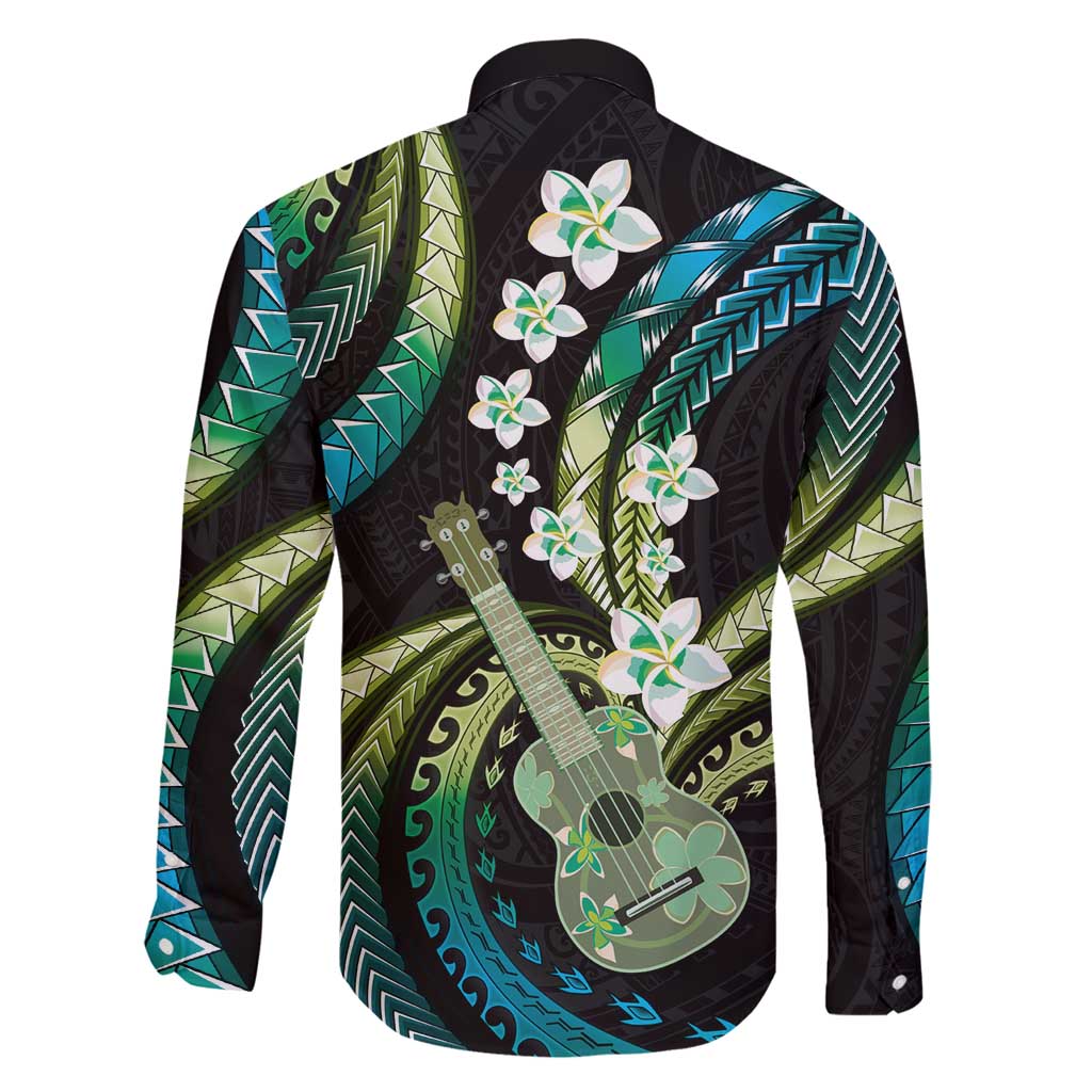 Hawaiian Ukulele Family Matching Off Shoulder Maxi Dress and Hawaiian Shirt Chartreuse Cyan Fantastic Plumeria