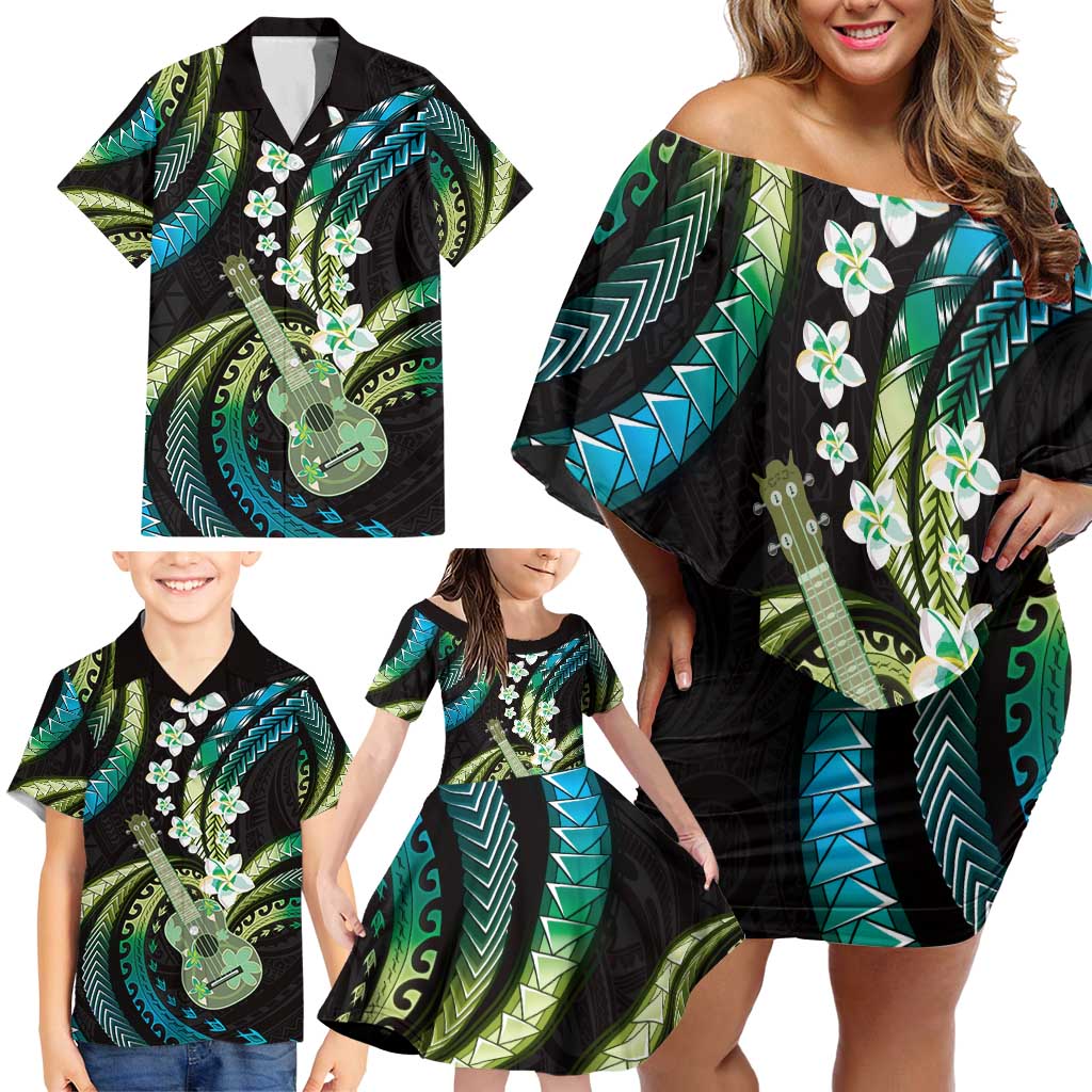 Hawaiian Ukulele Family Matching Off Shoulder Short Dress and Hawaiian Shirt Chartreuse Cyan Fantastic Plumeria