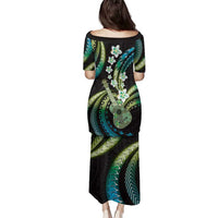 Hawaiian Ukulele Family Matching Puletasi and Hawaiian Shirt Chartreuse Cyan Fantastic Plumeria