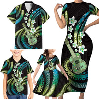 Hawaiian Ukulele Family Matching Short Sleeve Bodycon Dress and Hawaiian Shirt Chartreuse Cyan Fantastic Plumeria