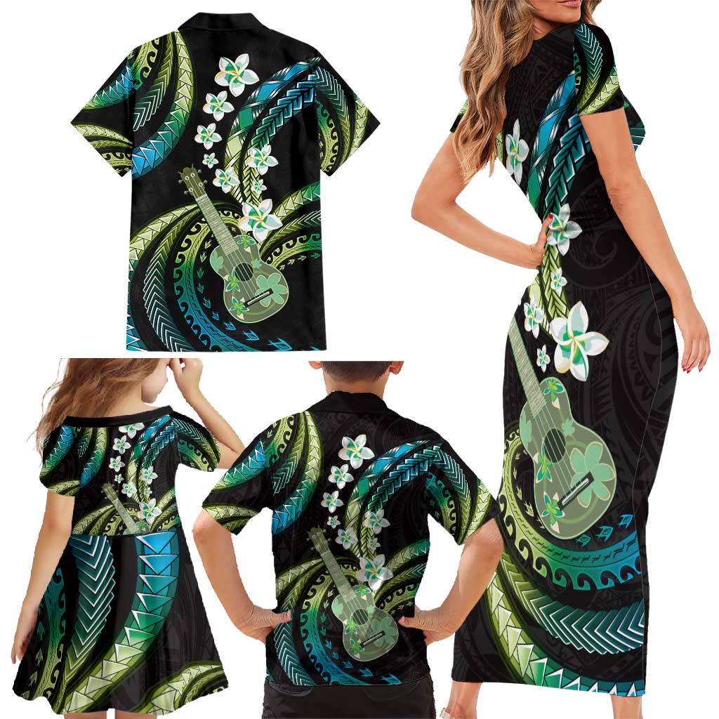 Hawaiian Ukulele Family Matching Short Sleeve Bodycon Dress and Hawaiian Shirt Chartreuse Cyan Fantastic Plumeria