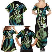 Hawaiian Ukulele Family Matching Summer Maxi Dress and Hawaiian Shirt Chartreuse Cyan Fantastic Plumeria
