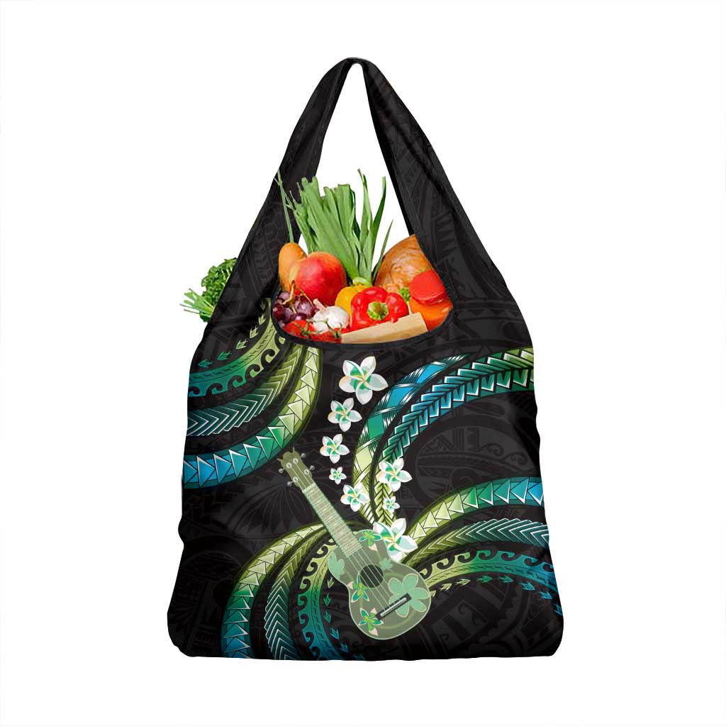 Hawaiian Ukulele Grocery Bag Chartreuse Cyan Fantastic Plumeria