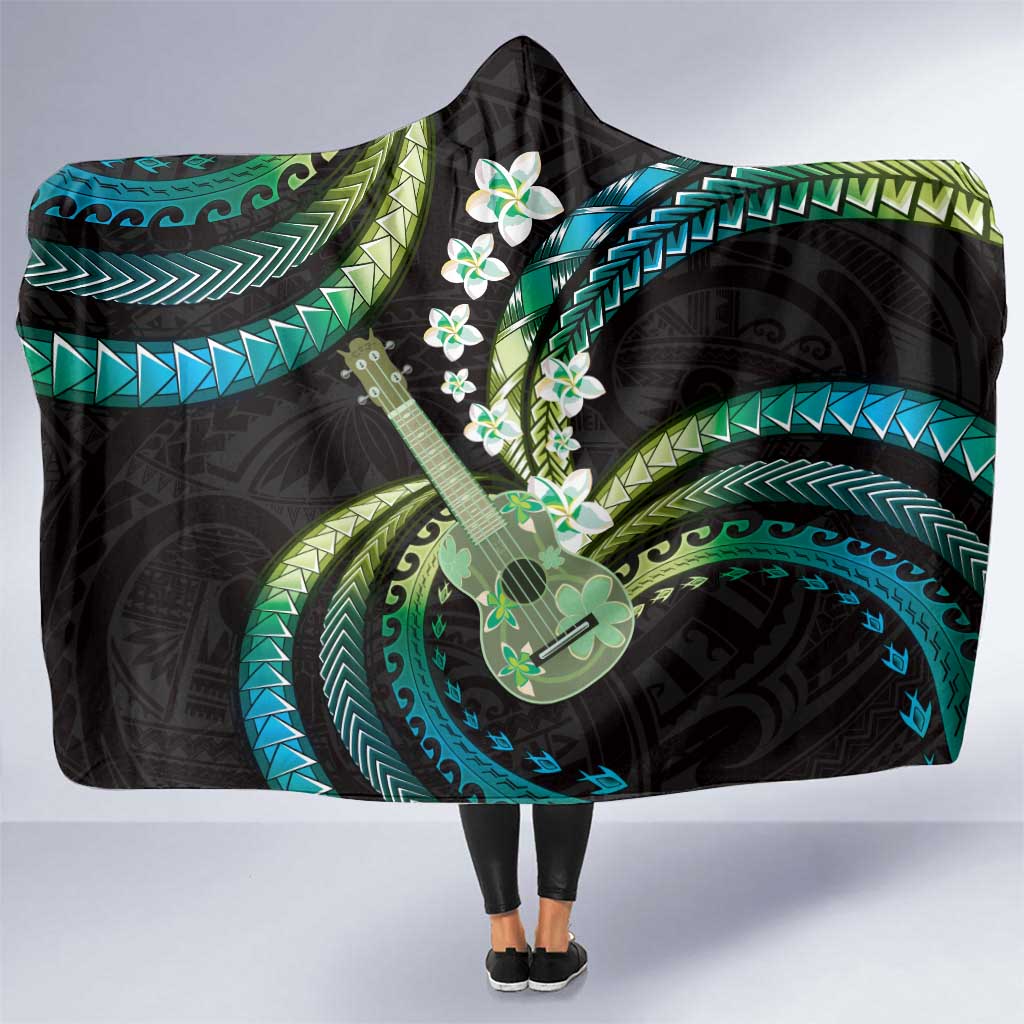 Hawaiian Ukulele Hooded Blanket Chartreuse Cyan Fantastic Plumeria