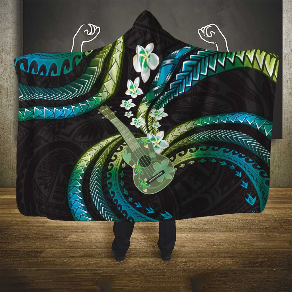 Hawaiian Ukulele Hooded Blanket Chartreuse Cyan Fantastic Plumeria