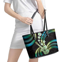 Hawaiian Ukulele Leather Tote Bag Chartreuse Cyan Fantastic Plumeria