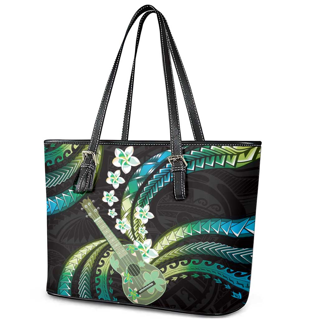 Hawaiian Ukulele Leather Tote Bag Chartreuse Cyan Fantastic Plumeria