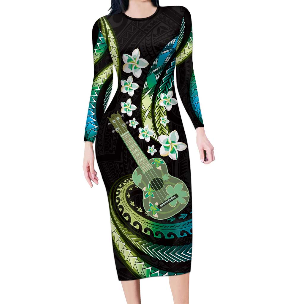 Hawaiian Ukulele Long Sleeve Bodycon Dress Chartreuse Cyan Fantastic Plumeria