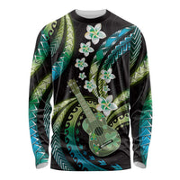 Hawaiian Ukulele Long Sleeve Shirt Chartreuse Cyan Fantastic Plumeria