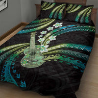 Hawaiian Ukulele Quilt Bed Set Chartreuse Cyan Fantastic Plumeria