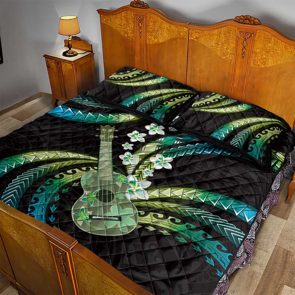 Hawaiian Ukulele Quilt Bed Set Chartreuse Cyan Fantastic Plumeria