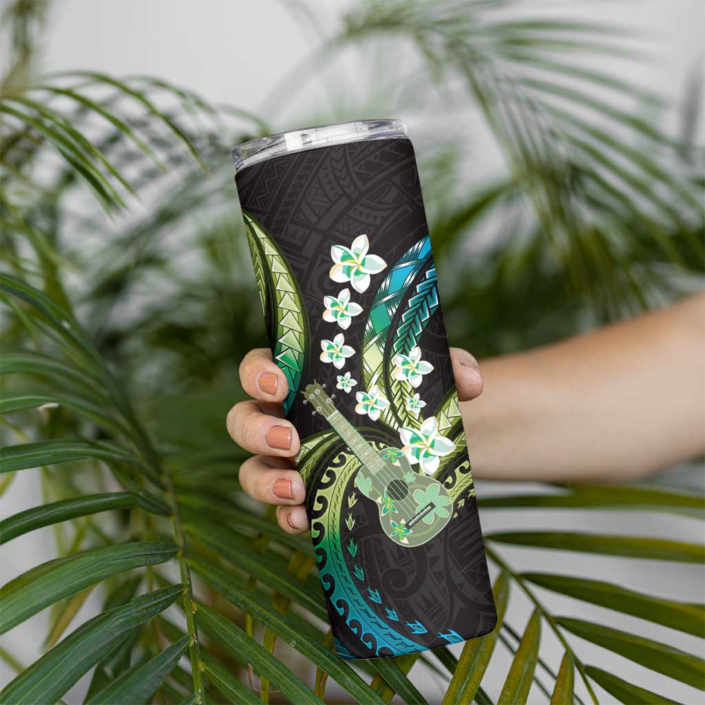 Hawaiian Ukulele Skinny Tumbler Chartreuse Cyan Fantastic Plumeria