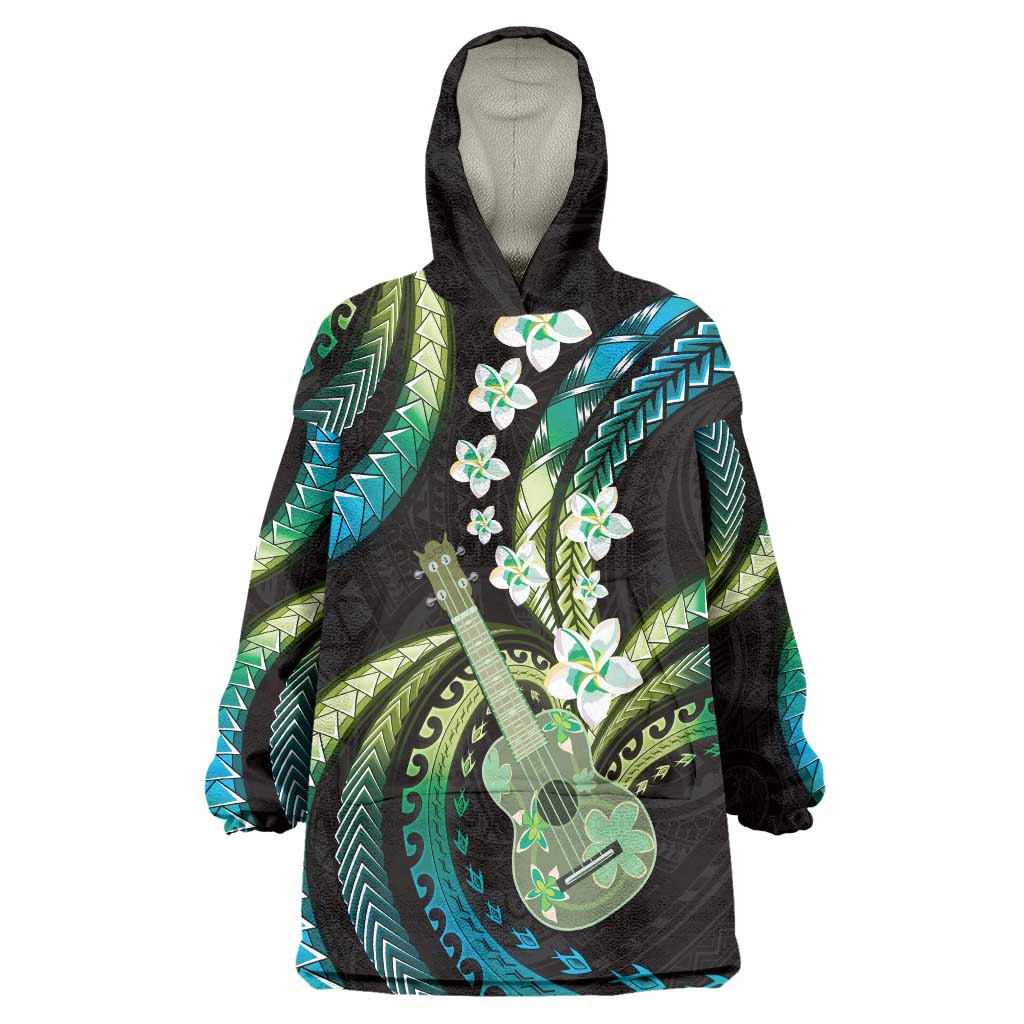 Hawaiian Ukulele Wearable Blanket Hoodie Chartreuse Cyan Fantastic Plumeria