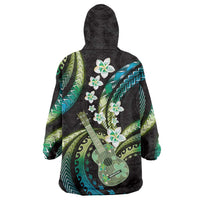 Hawaiian Ukulele Wearable Blanket Hoodie Chartreuse Cyan Fantastic Plumeria