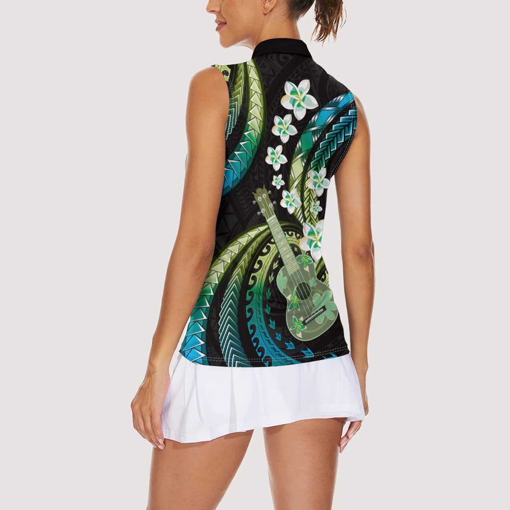 Hawaiian Ukulele Women Sleeveless Polo Shirt Chartreuse Cyan Fantastic Plumeria